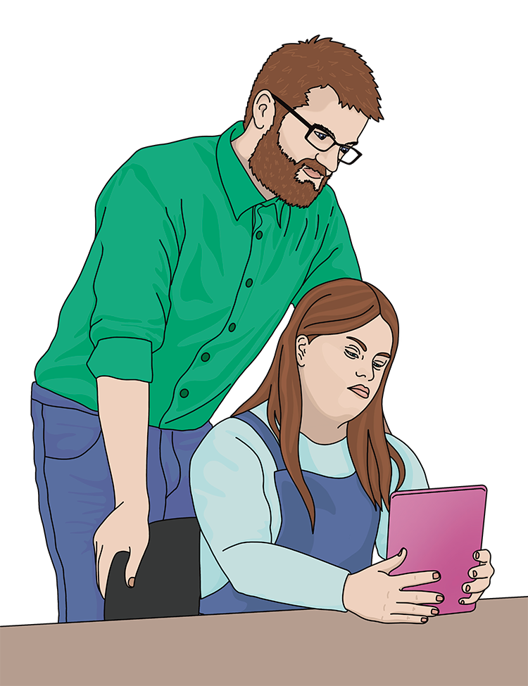 A drawing of the woman with Down’s Syndrome sitting at a table with her tablet. A man who looks like her is standing next to her helping her read.