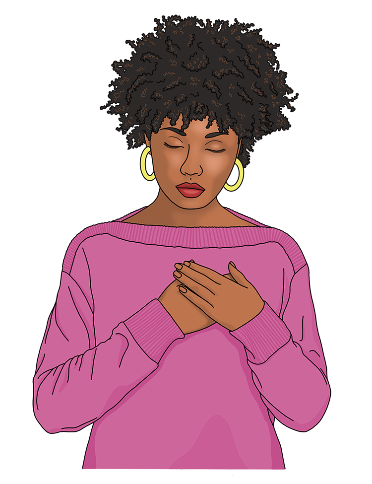 A drawing of a young black woman wearing a pink sweater. Her eyes are closed and she is holding her hands over her heart.