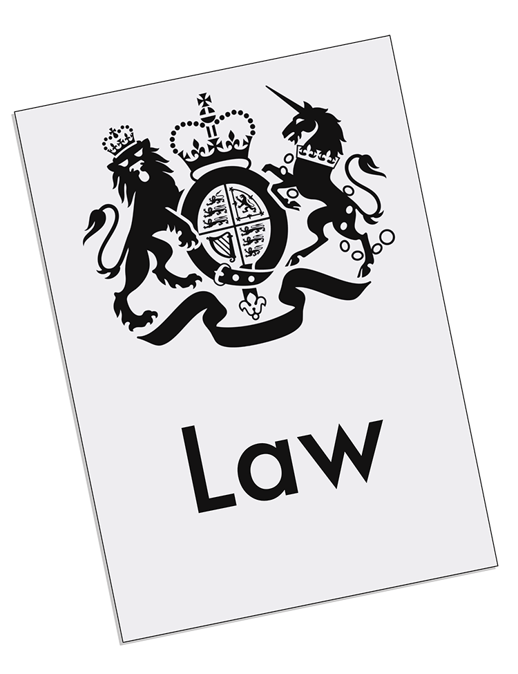Drawing of a document that says “Law”. It has the government logo on it.