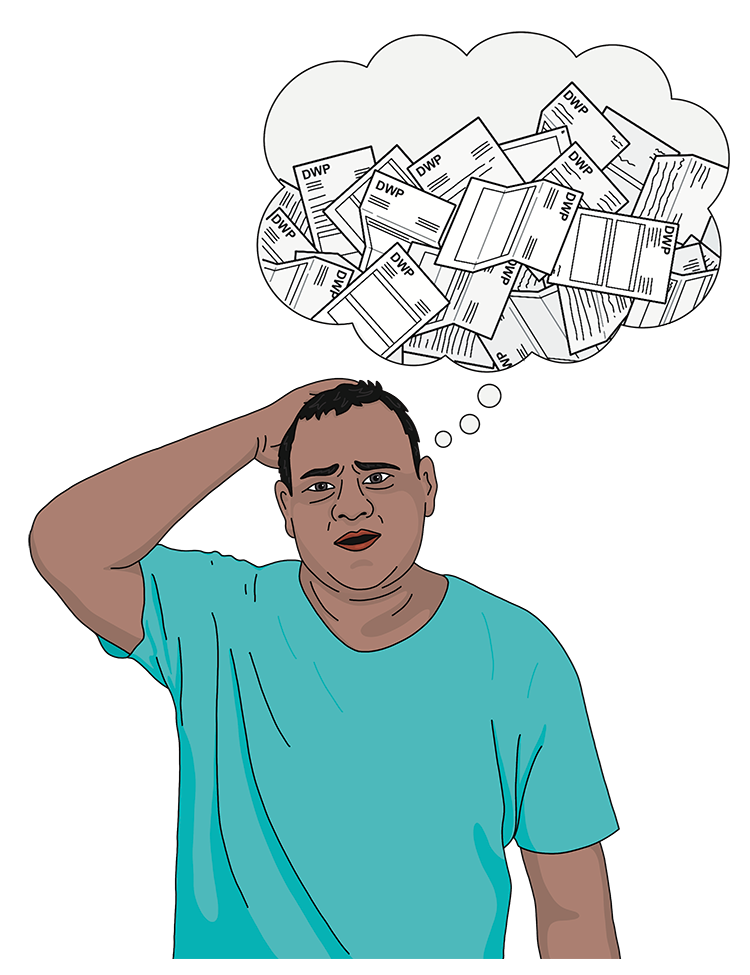 A drawing of a mixed race man with Down’s Syndrome looking worried. He has a thought bubble with a huge pile of DWP letters in it.