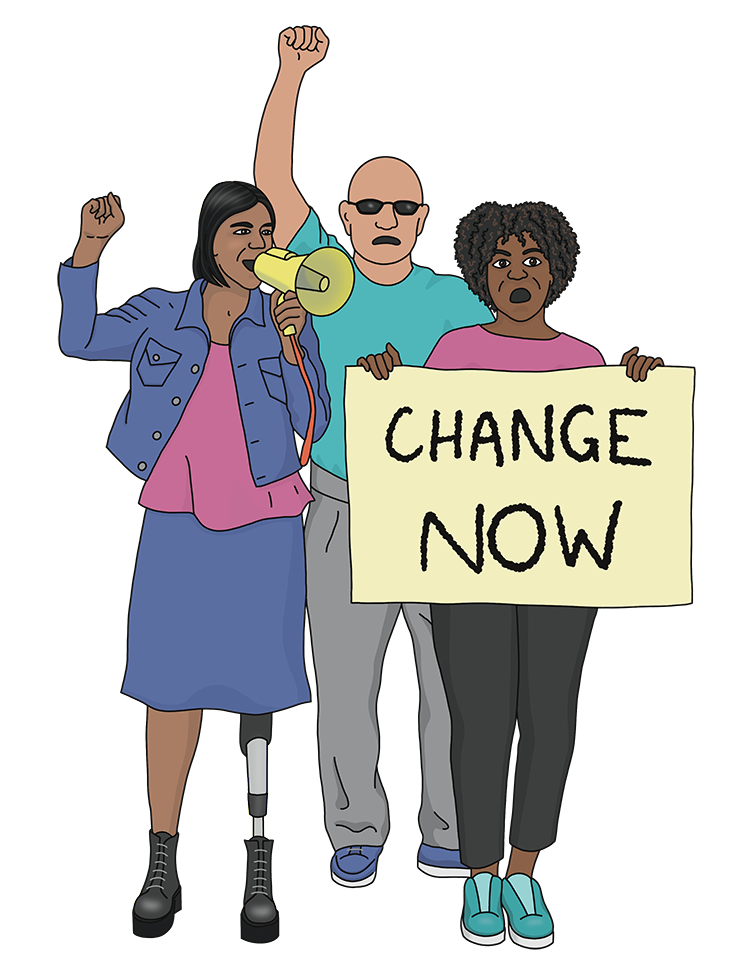 A drawing of 3 disabled protesters with a sign that says “Change Now”.
