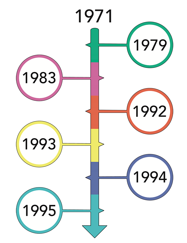 A colourful diagram of a timeline. It starts in 1971, and ends in 1995. But an arrow indicates that it continues beyond the dates shown.