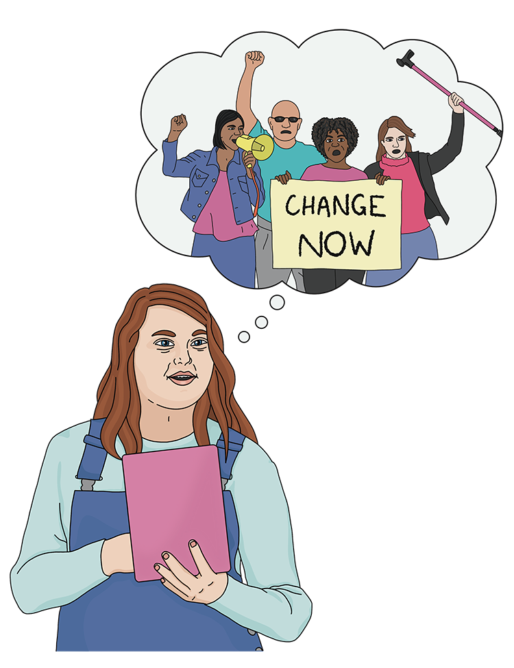 Another drawing of the woman with Down’s Syndrome in the first picture. She has a thought bubble. In the bubble are protestors.