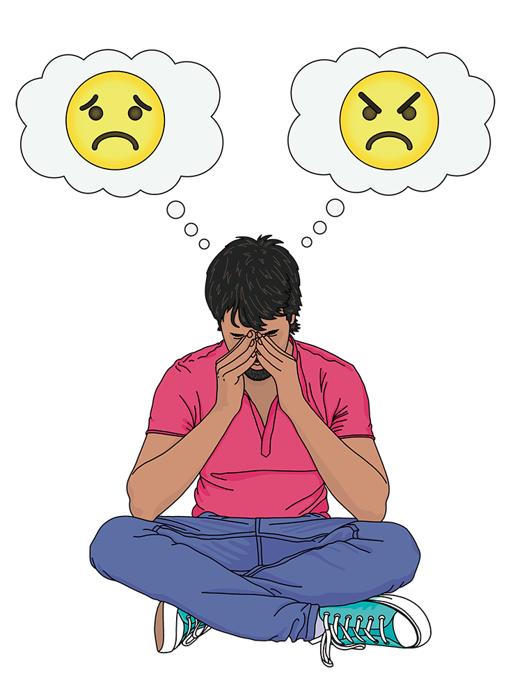 A drawing of a South Asian man, sitting cross-legged with his head in his hands. He has 2 thought bubbles. One has a sad face, one has an angry face.